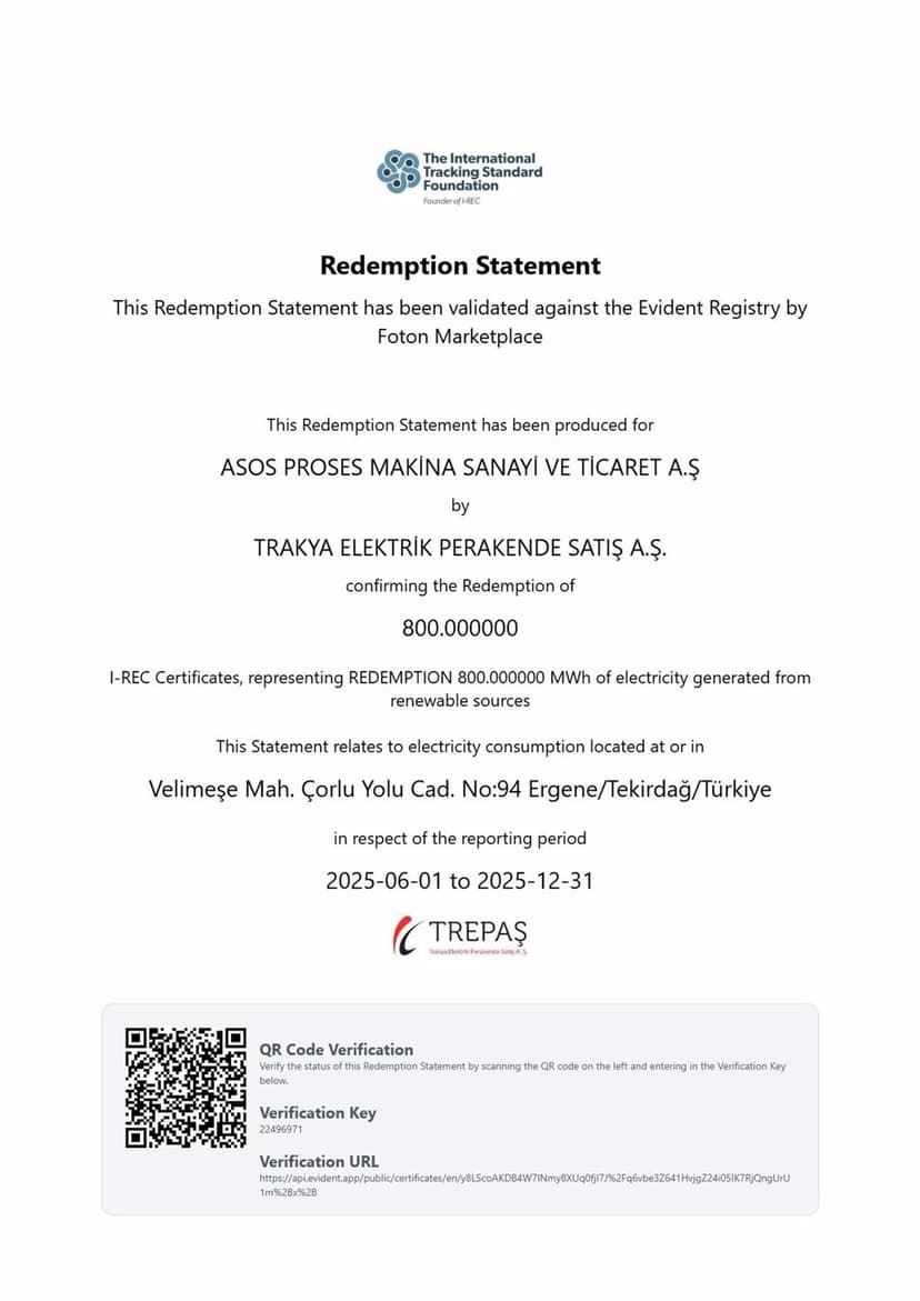 İşletmemizde doğa ve çevre dostu yeşil enerji kullandığımızı IREC sertifikası ile belgelendirilmiştir. IREC sertifikası, işletmelerin çevresel sürdürülebilirliğe olan bağlılığını gösterir. 
